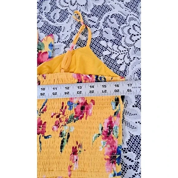 Xhilaration Jumpsuit L Yellow Floral Smocked Back Slit Wide Leg Adjustable Boho - Picture 8 of 14